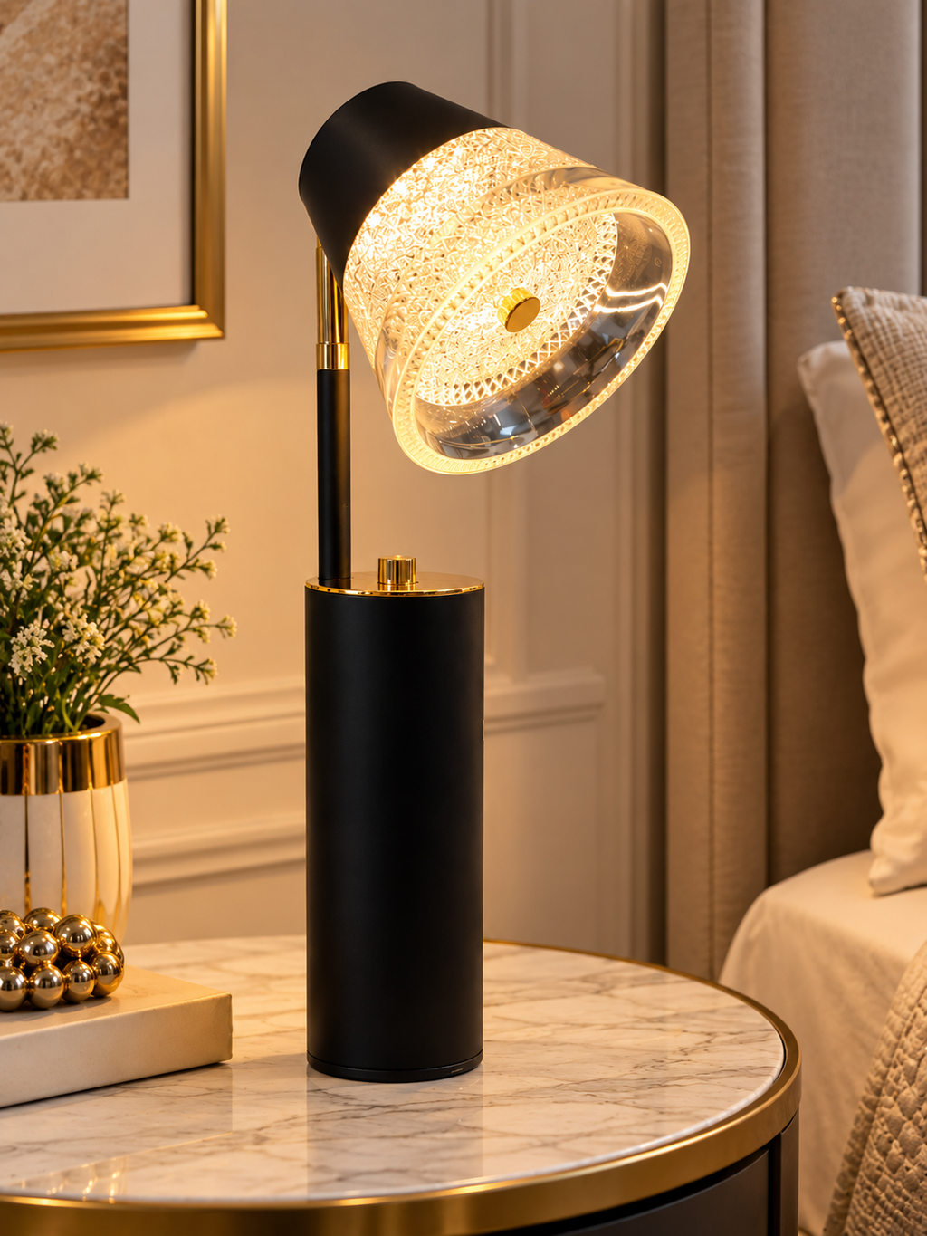 Luxury Black & Gold Adjustable Acrylic Table Lamp – Modern LED Bedside & Side Table Lamp