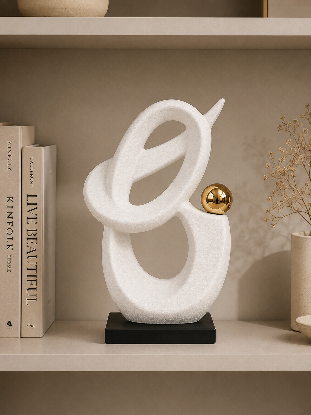 Modern Abstract Loop Sculpture with Gold Accent & Black Base