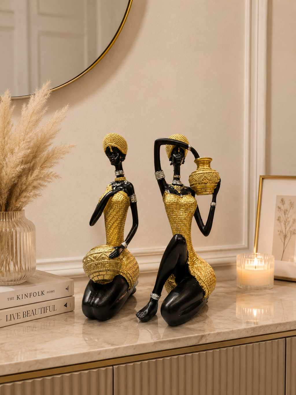 African Lady Resin Sculpture Set | Luxury Black & Gold Tribal Figurines | Modern Home Décor Showpieces (Set of 2)