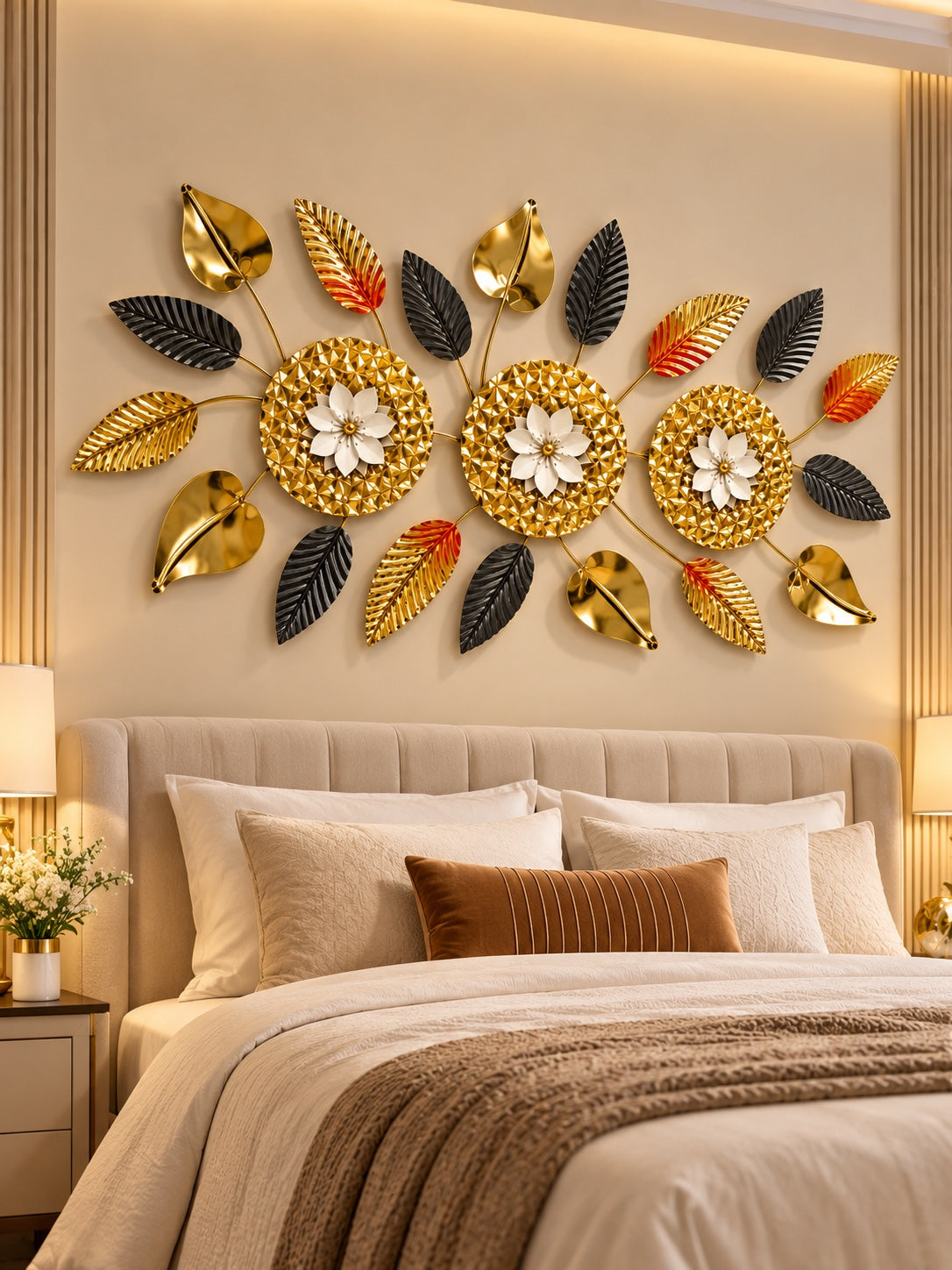 Luxury Gold, Black & White Floral Wall Art – Modern Decorative Metal Wall Décor