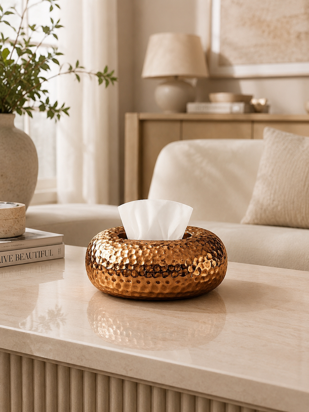 Luxury Hammered Round Tissue Box Holder | Modern Decorative Tissue Case | Premium Home & Office Tissue Organizer