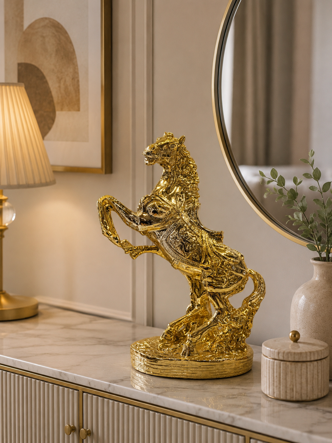 Luxury Golden Rearing Horse Sculpture | Modern Resin Horse Statue for Home & Office Décor