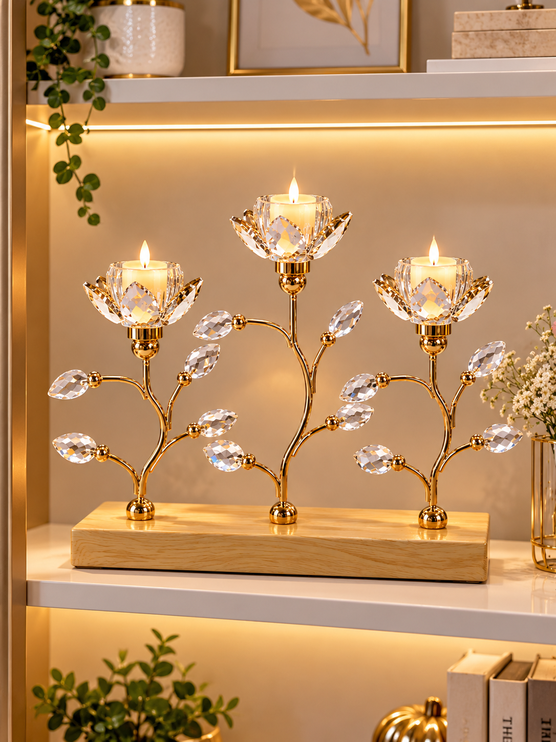 Luxury Gold Crystal Leaf 3-Light Candle Holder – Wooden Base Decorative Centerpiece