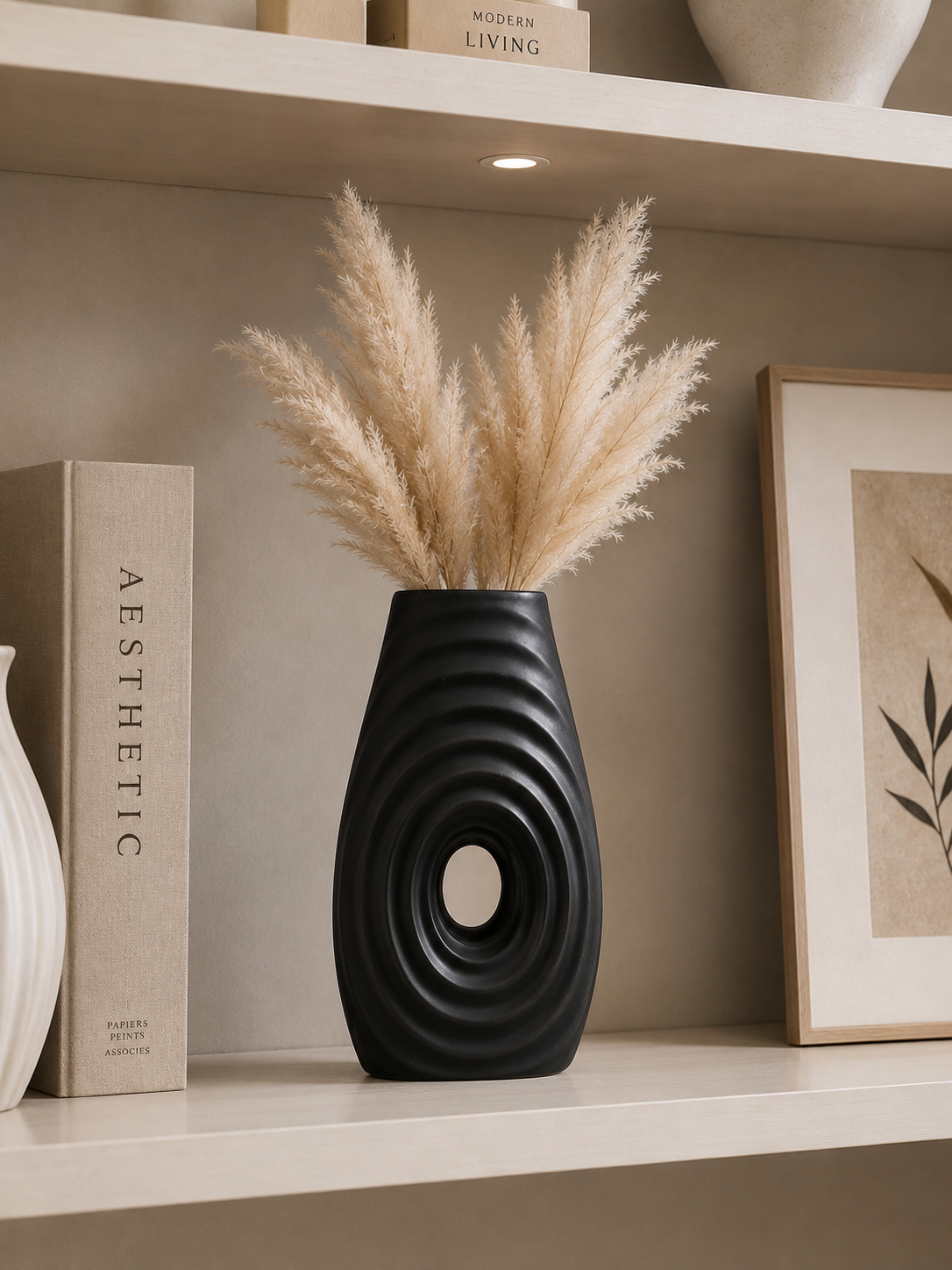 Modern Black Ribbed Decorative Vase – Sculptural Oval Accent Vase with Concentric Ring Design