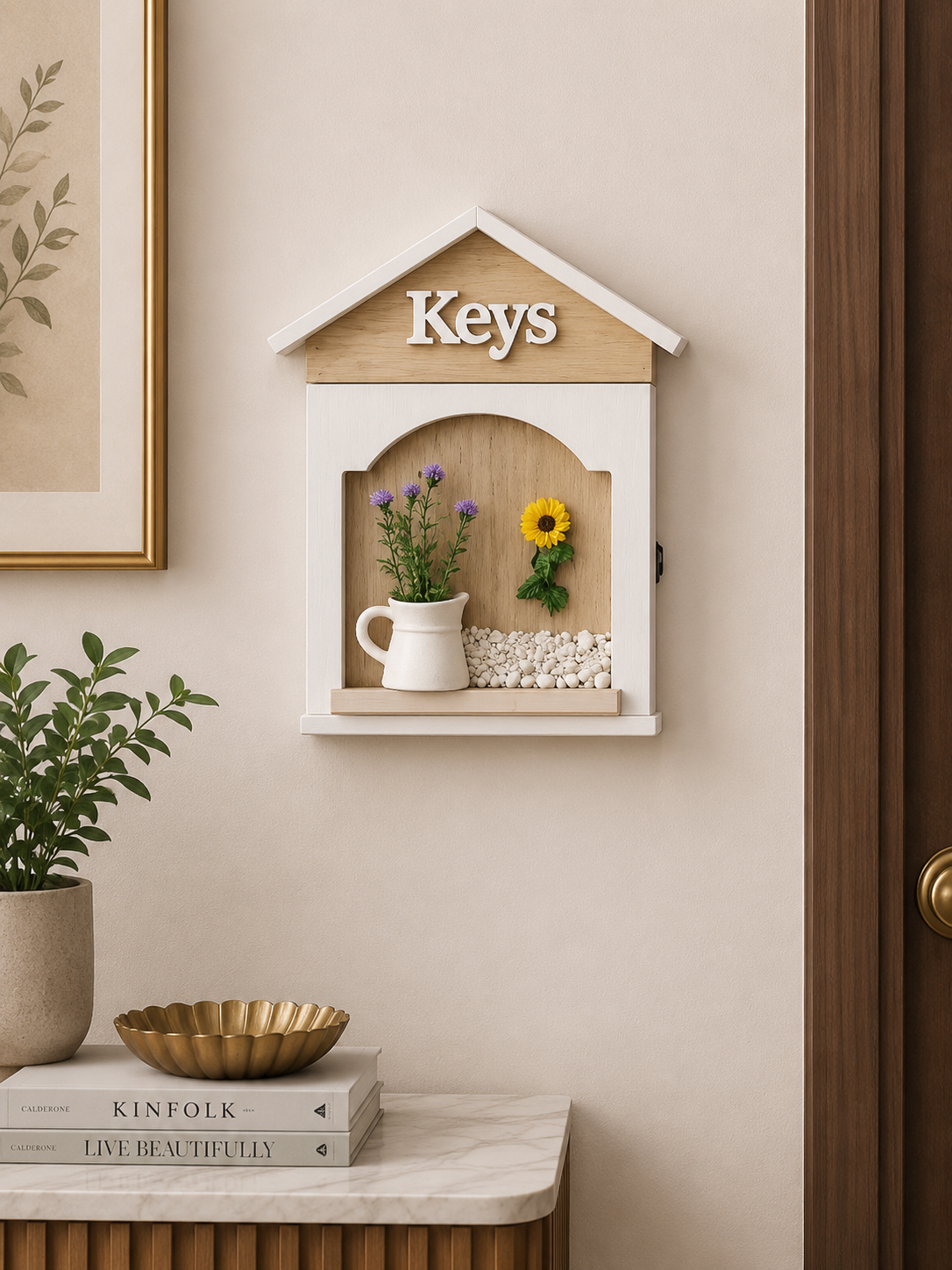 Wooden House Key Holder Box with Decorative Flowers | Wall Mounted Key Storage Cabinet | Farmhouse Home Décor