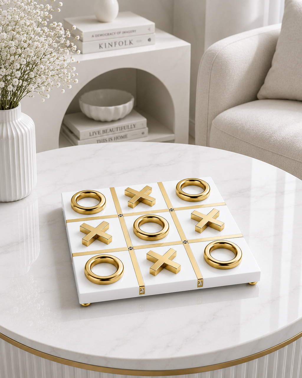 Luxury Tic Tac Toe Decorative Game Set | Modern Coffee Table Décor | Black & White with Gold Finish