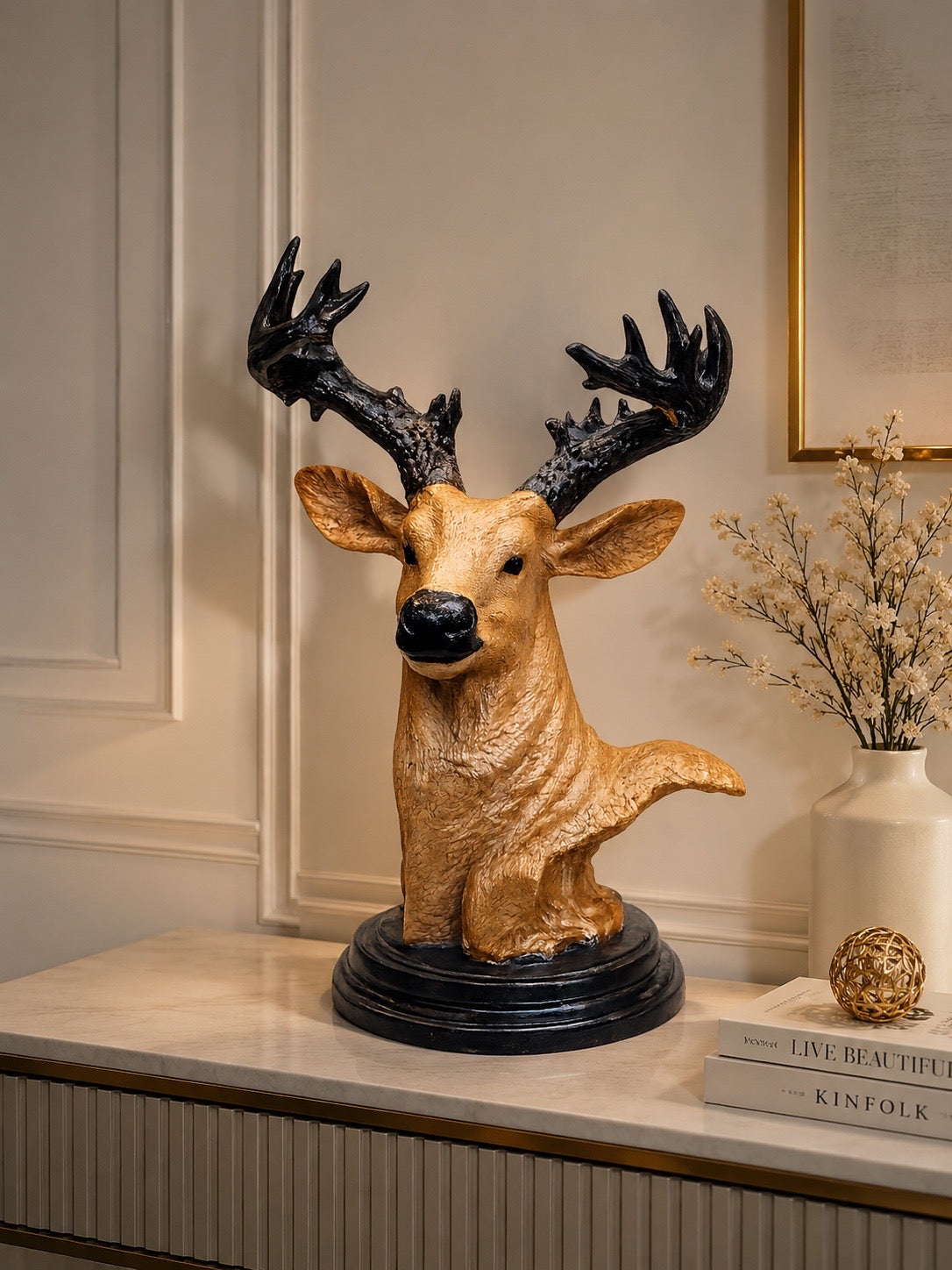 Luxury Deer Head Sculpture | Modern Resin Stag Bust Table Decor | Black & Gold Decorative Accent