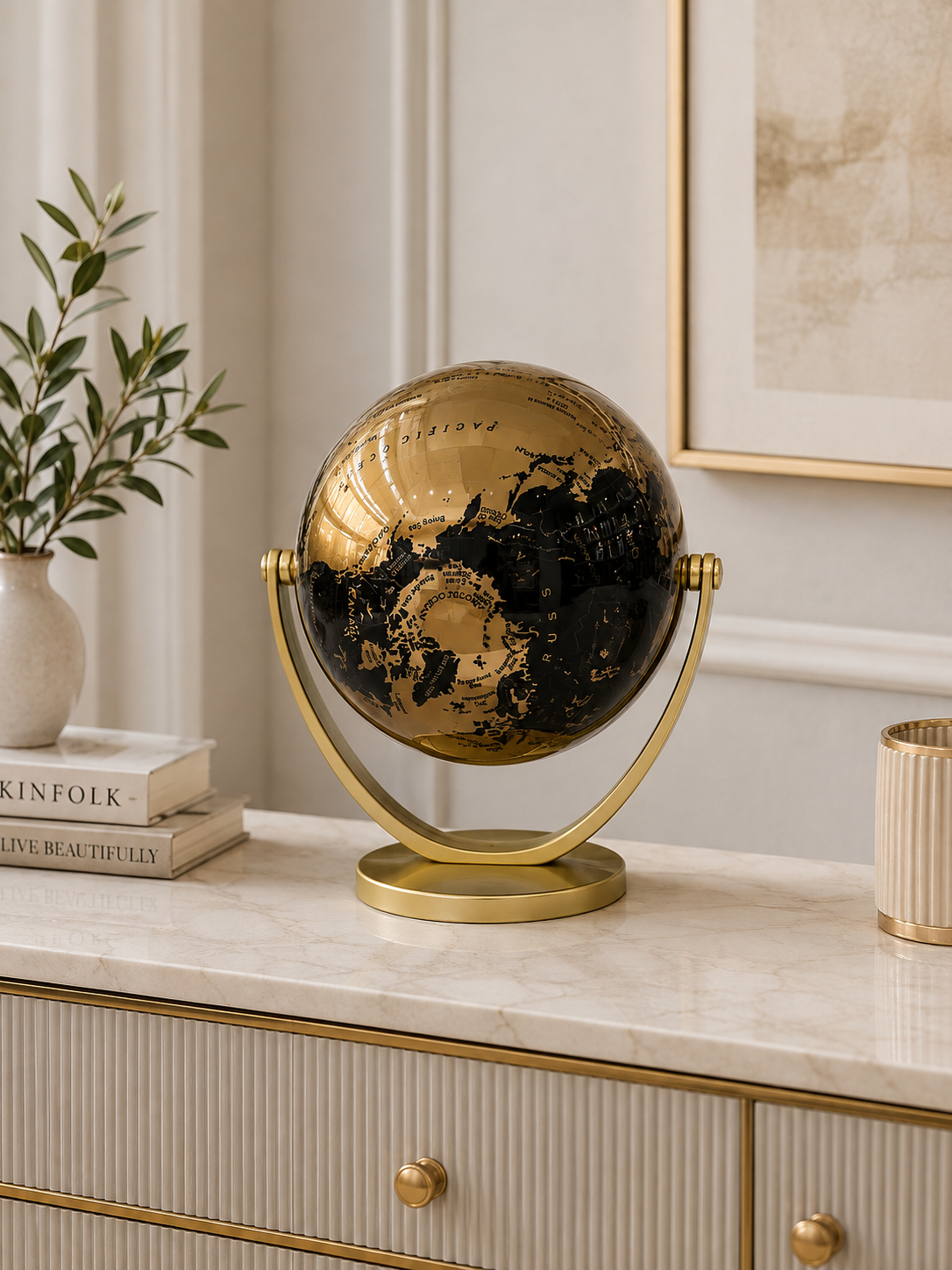 Luxury Black & Gold 360° Rotating World Globe – Decorative Tabletop Globe