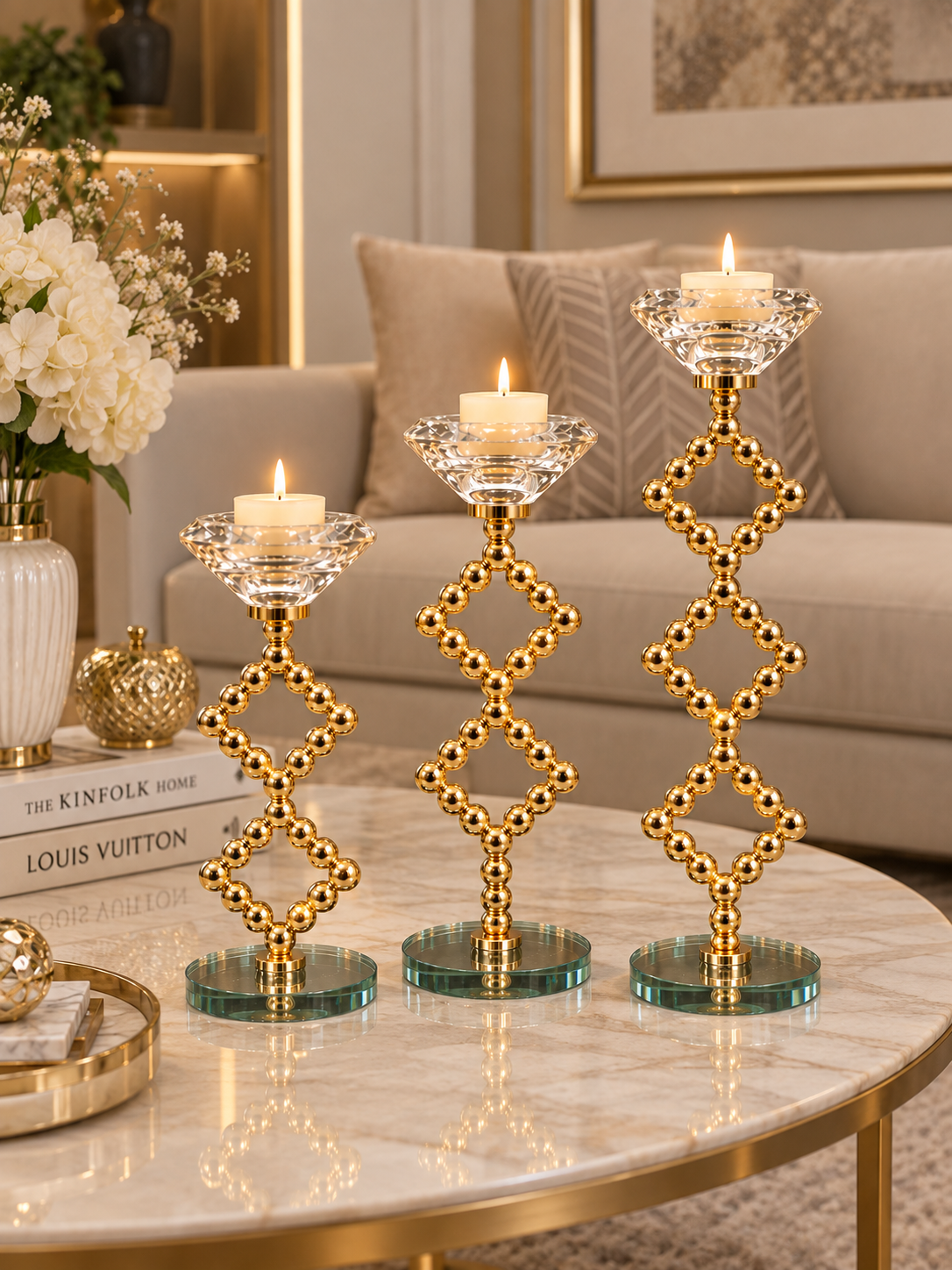 Luxury Gold & Crystal 3-Piece Candle Stand Set – Elegant Decorative Candle Holders