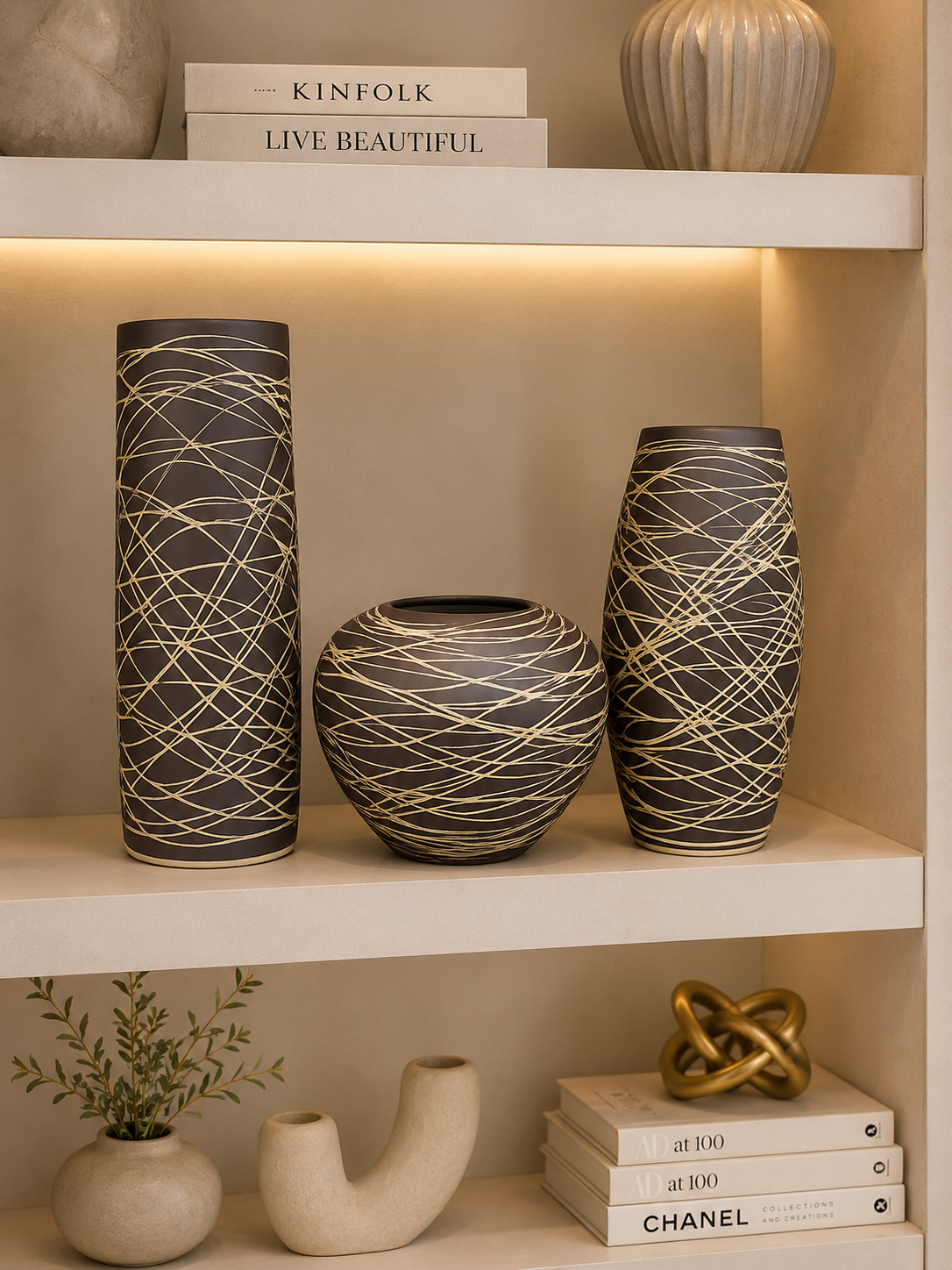 Set of 3 Modern Decorative Ceramic Vases | Brown & Gold Abstract Design