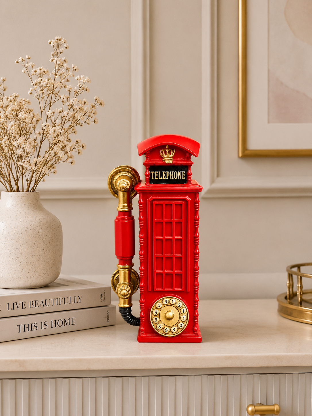 Vintage Red British Telephone Booth Decorative Showpiece – Resin Table Decor