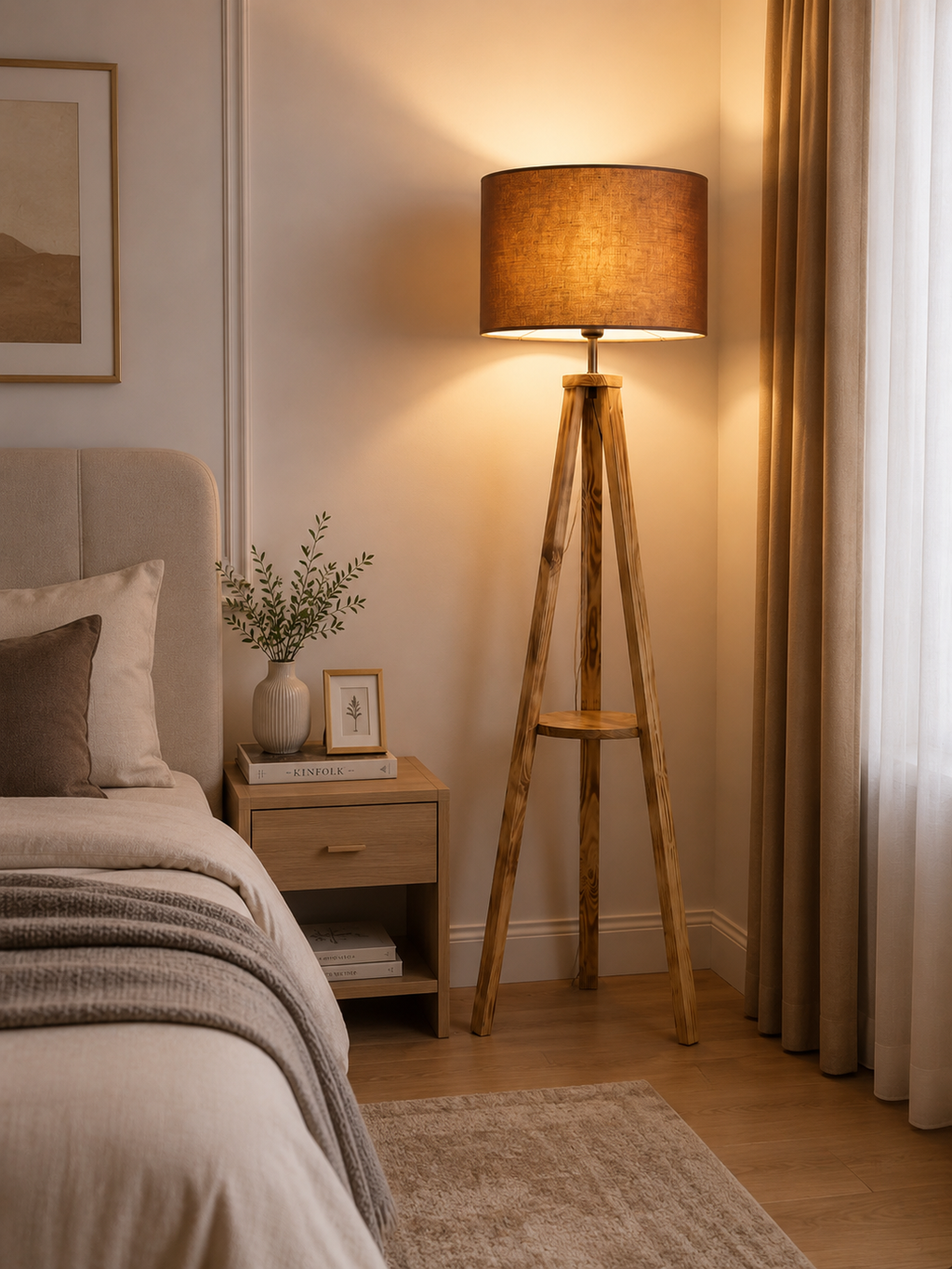 Modern Wooden Tripod Floor Lamp with Fabric Shade | Contemporary Standing Lamp for Living Room & Bedroom
