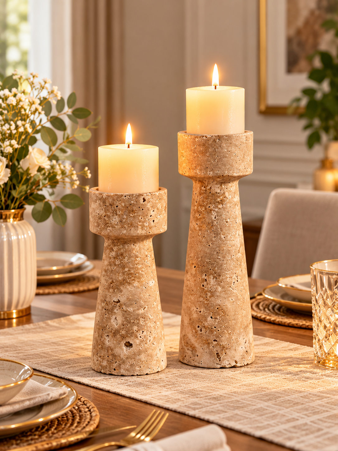 Luxury Textured Stone-Look Candle Holders Set of 2 – Beige Decorative Candle Stands