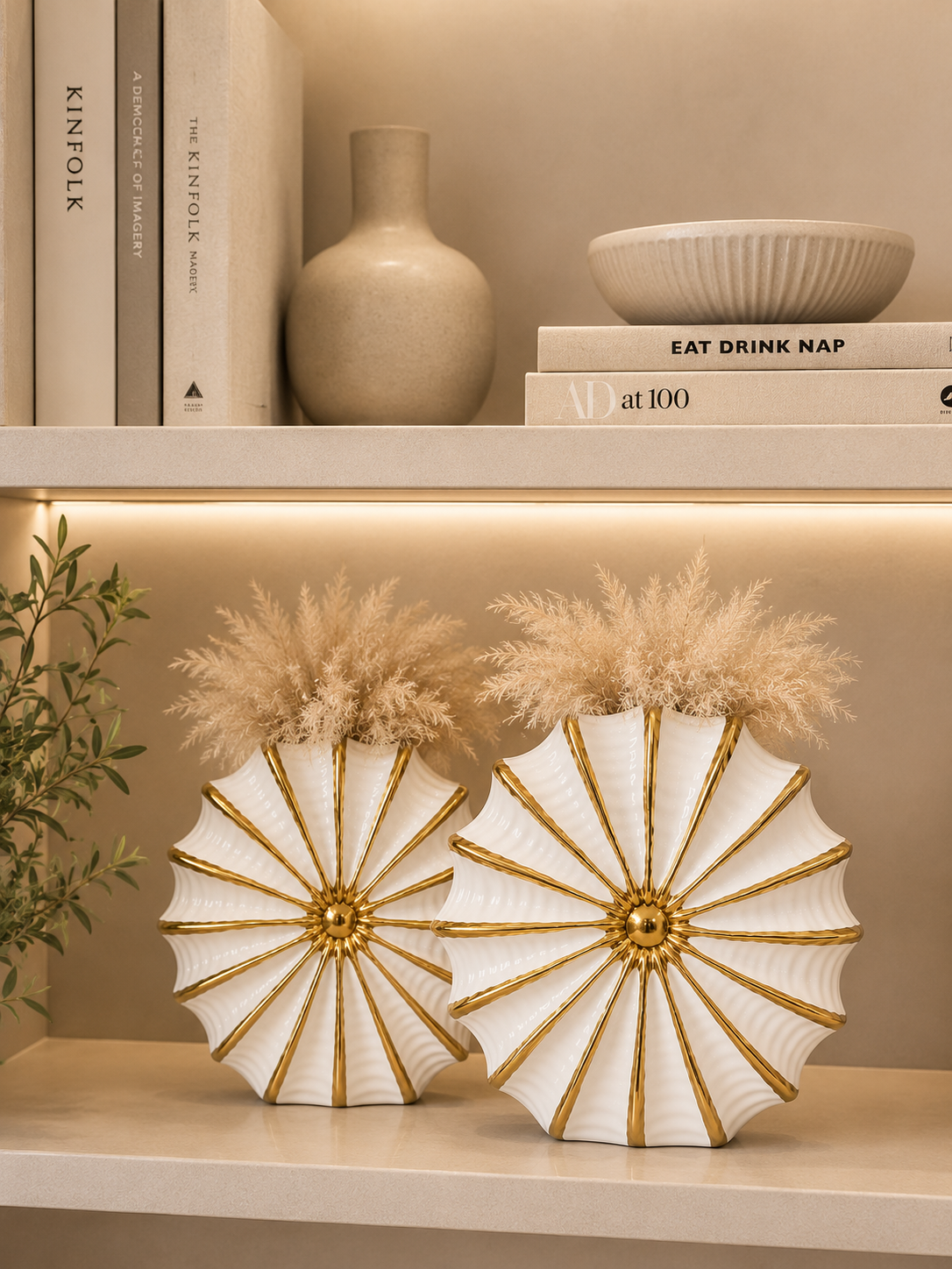 Luxury White & Gold Shell Ceramic Vase Set | Modern Decorative Flower Vases for Living Room & Console Table (Set of 2)