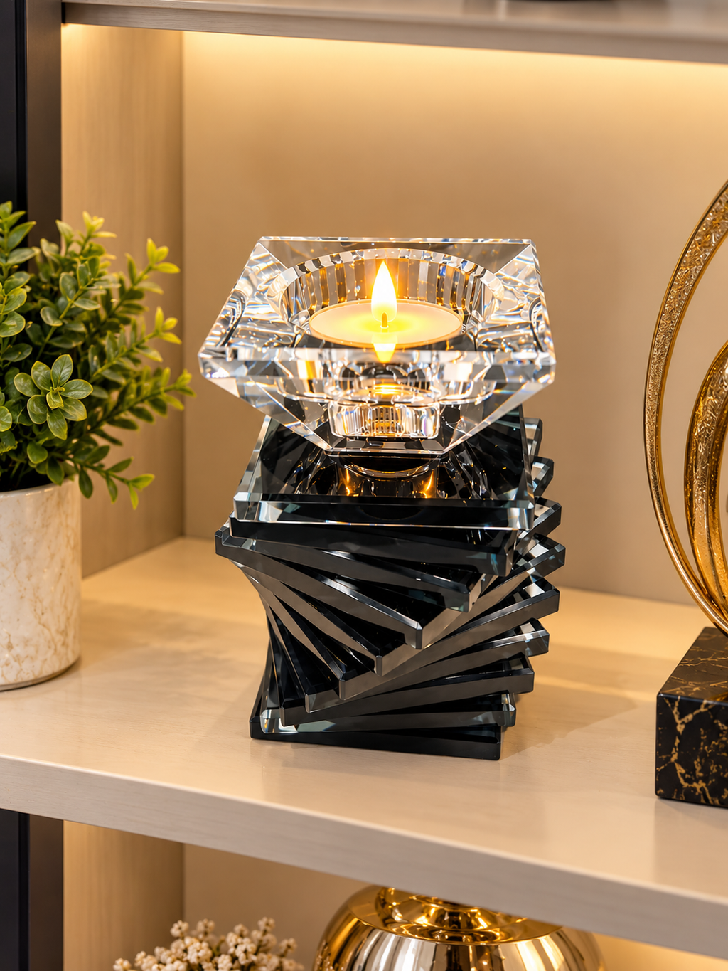 Luxury Black Crystal Tealight Candle Holder – Geometric Glass Table Decor