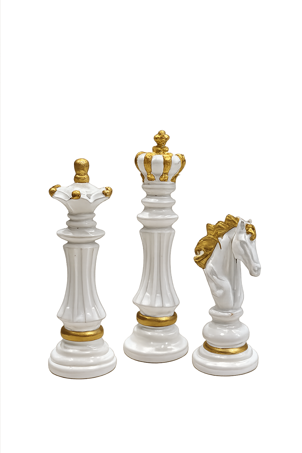 Luxury Chess Piece Figurine Set of 3 – White & Gold Resin King, Queen & Knight Decorative Sculptures