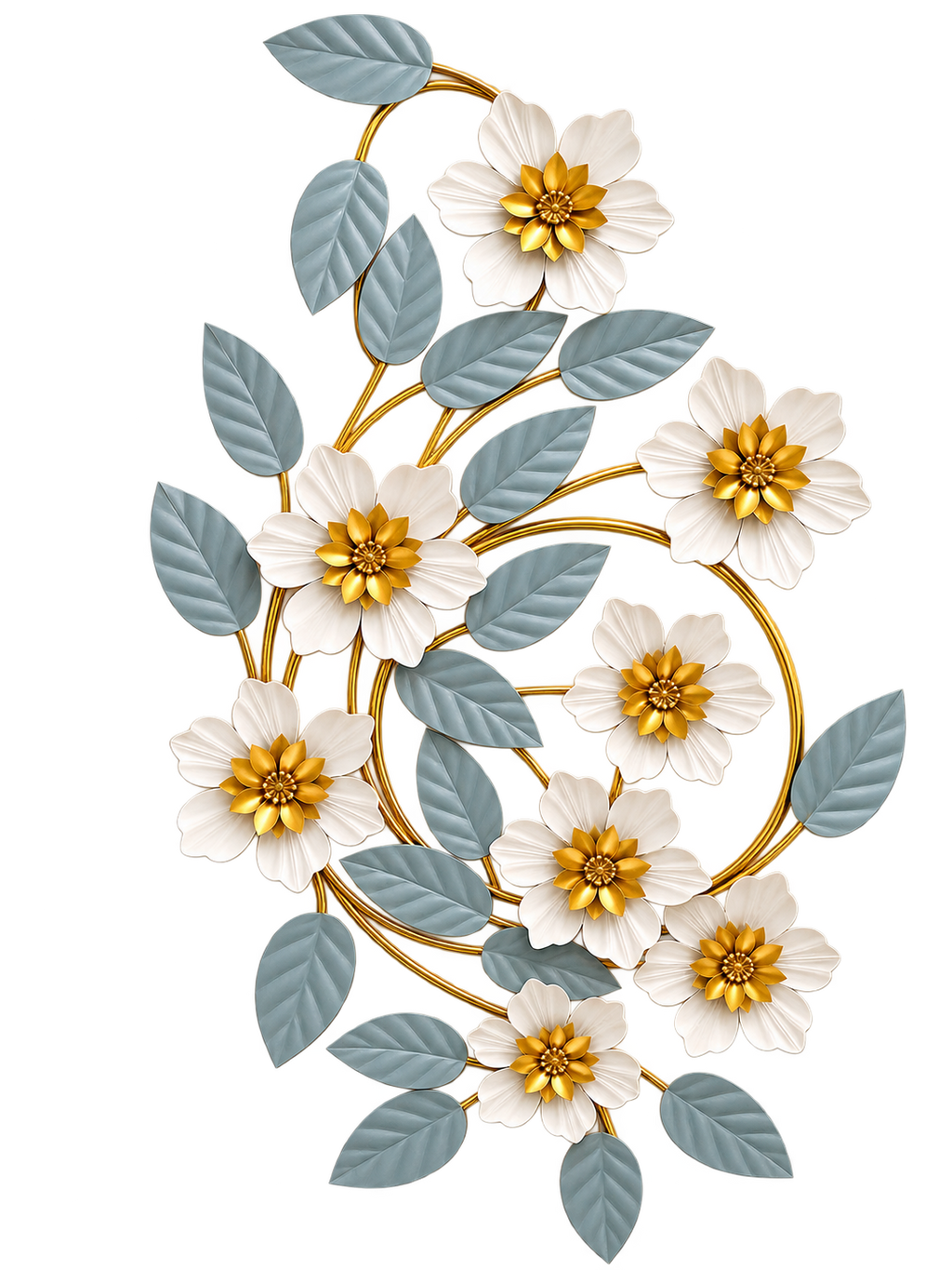 Elegant White & Gold Floral Wall Art with Grey Leaves – Modern Luxury Metal Décor