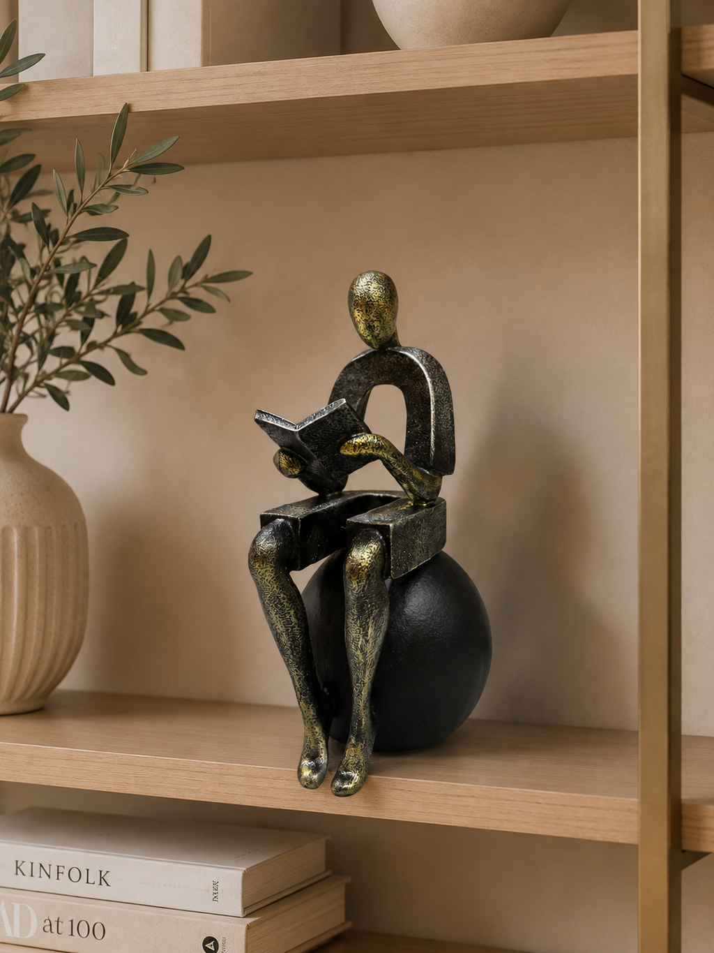 Abstract Reading Man Sculpture | Modern Decorative Figurine | Black & Antique Gold