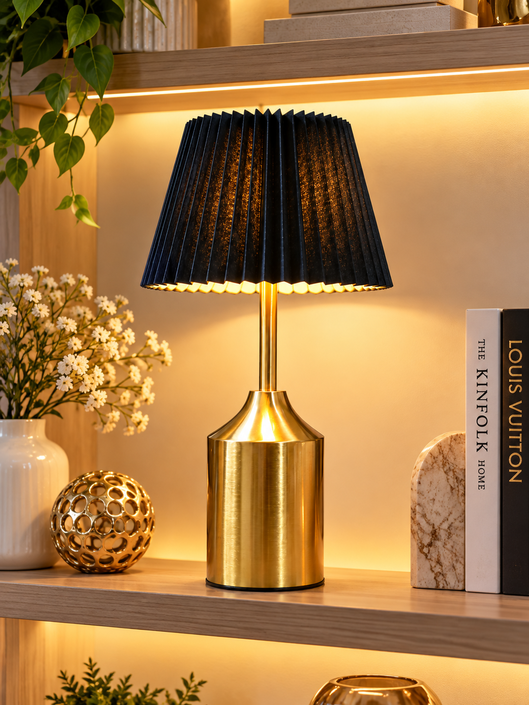 Luxury Black Pleated Table Lamp with Gold Metal Finish