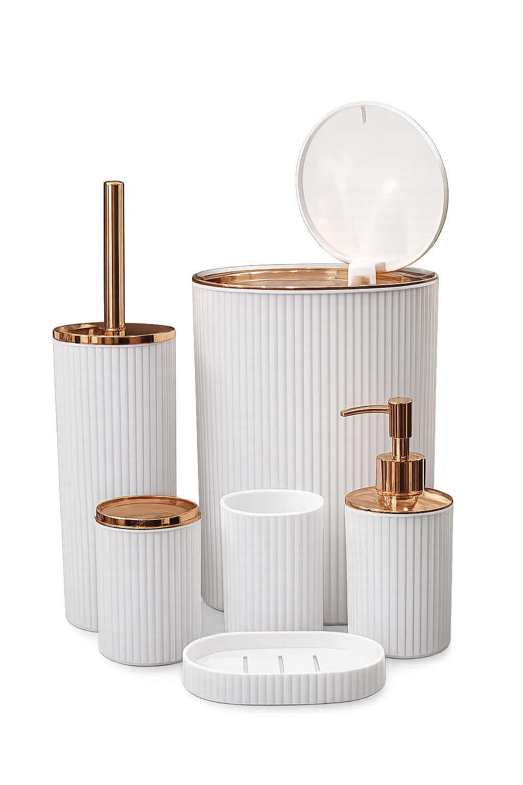 6-Piece Luxury White & Gold Bathroom Accessories Set | Soap Dispenser, Bin, Brush Holder & Organizer