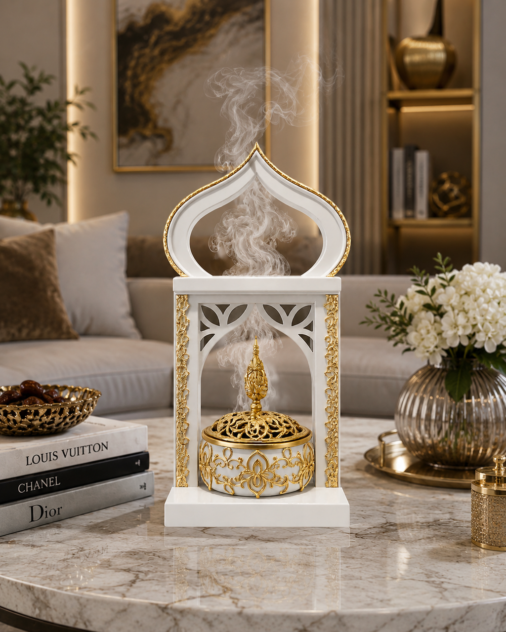 Luxury Islamic Incense Burner with Decorative Arch Frame | White & Gold Bakhoor Burner