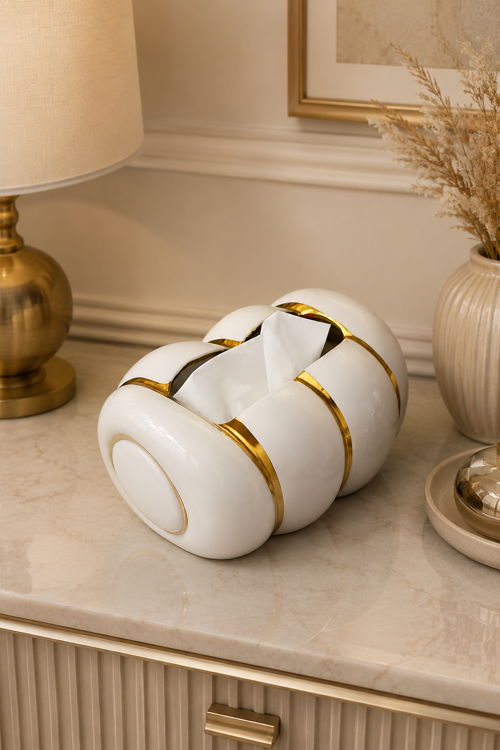 Luxury Ceramic Tissue Box Cover – Modern White & Gold Facial Tissue Holder for Home & Office Decor