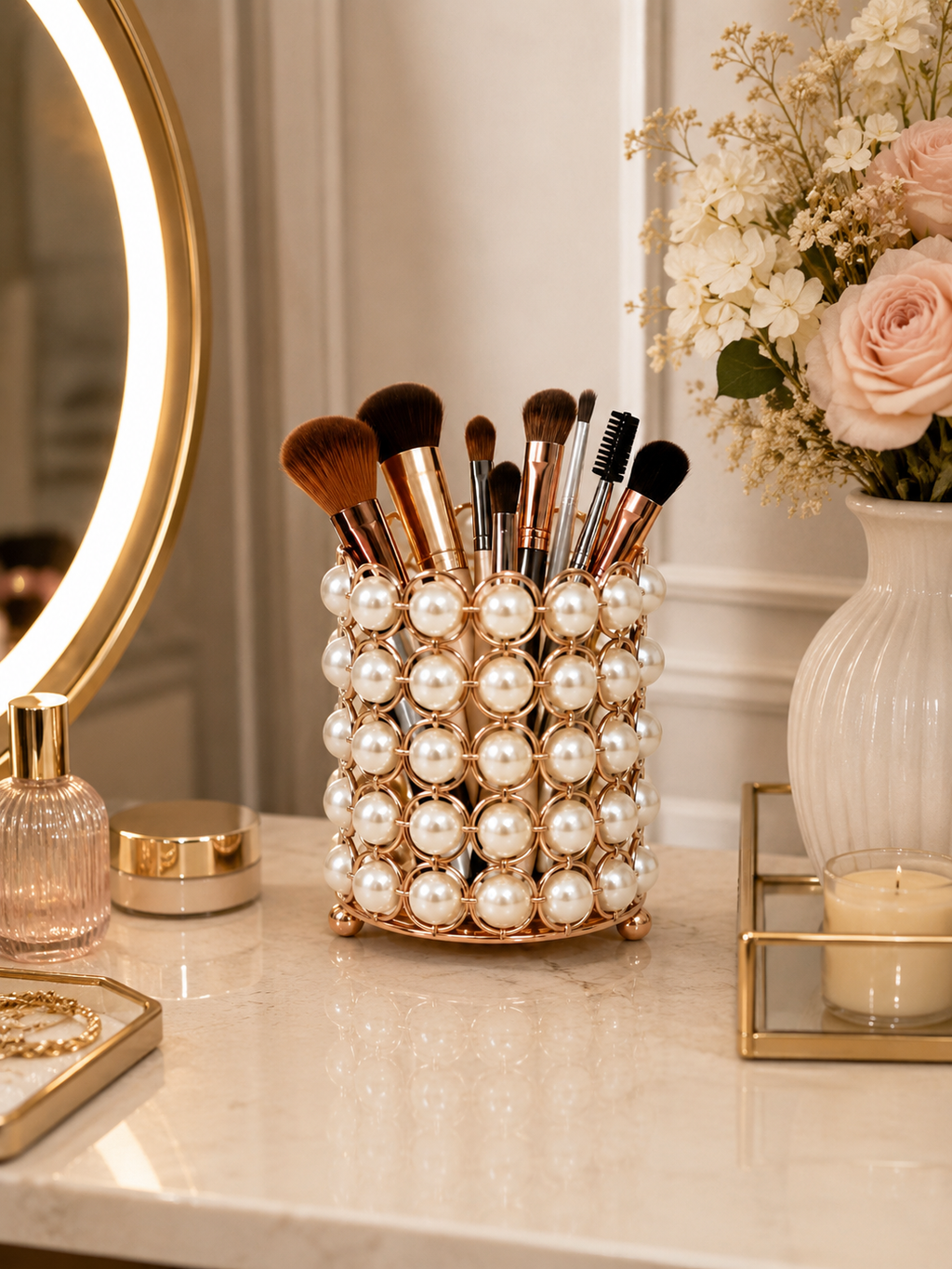 Luxury Pearl Gold Makeup Brush Holder – Elegant Vanity Organizer