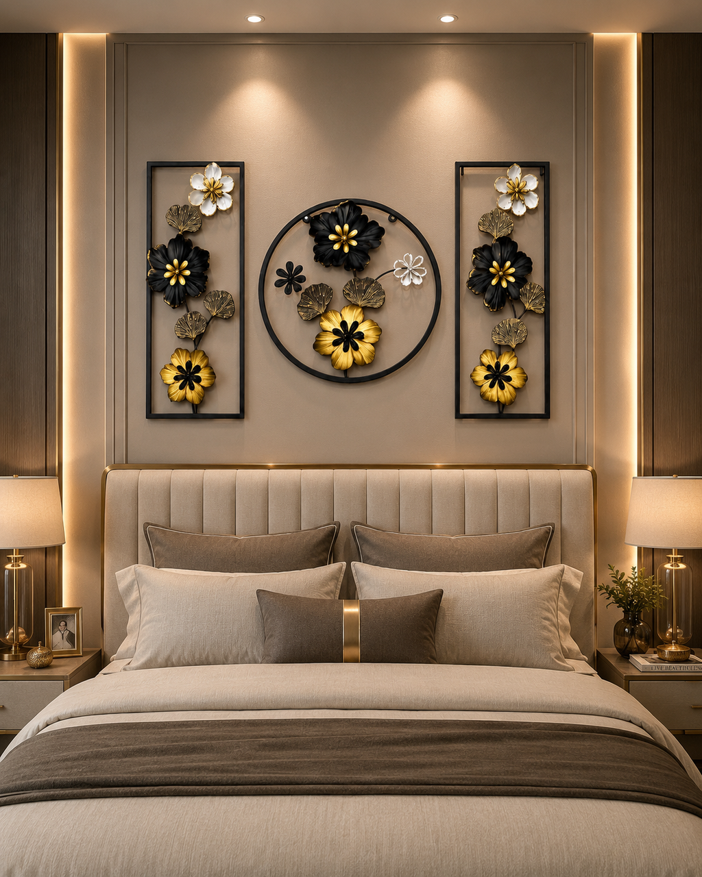 Luxury 3-Piece Black & Gold Metal Floral Wall Art Set | Modern Flower Wall Decor for Living Room, Bedroom & Hallway