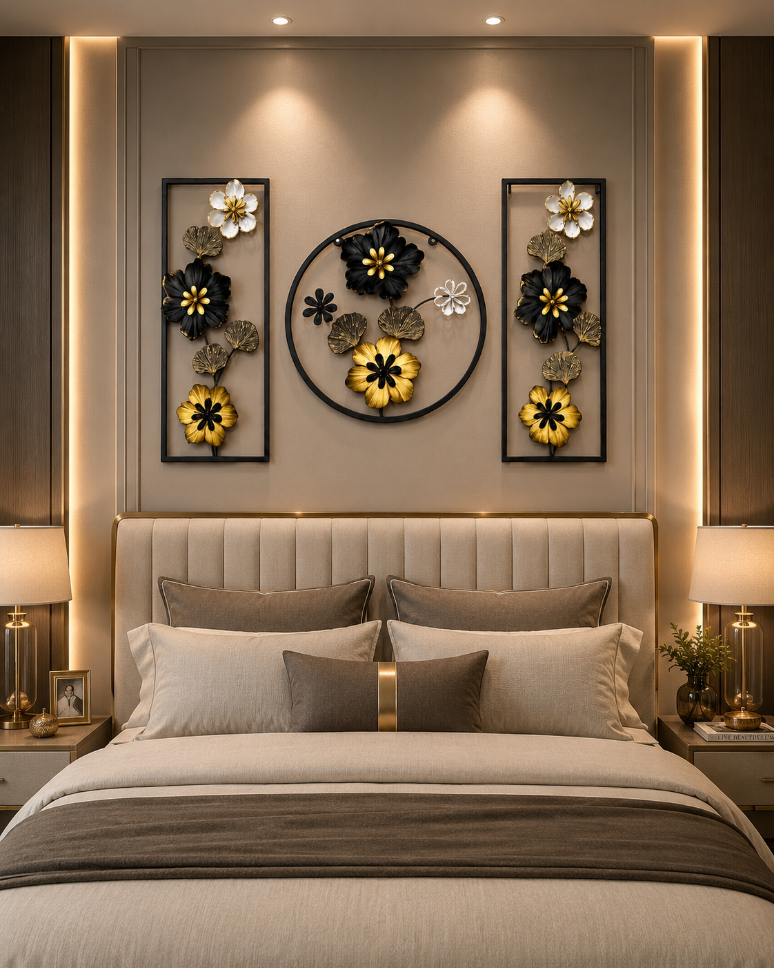 Luxury 3-Piece Black & Gold Metal Floral Wall Art Set | Modern Flower Wall Decor for Living Room, Bedroom & Hallway