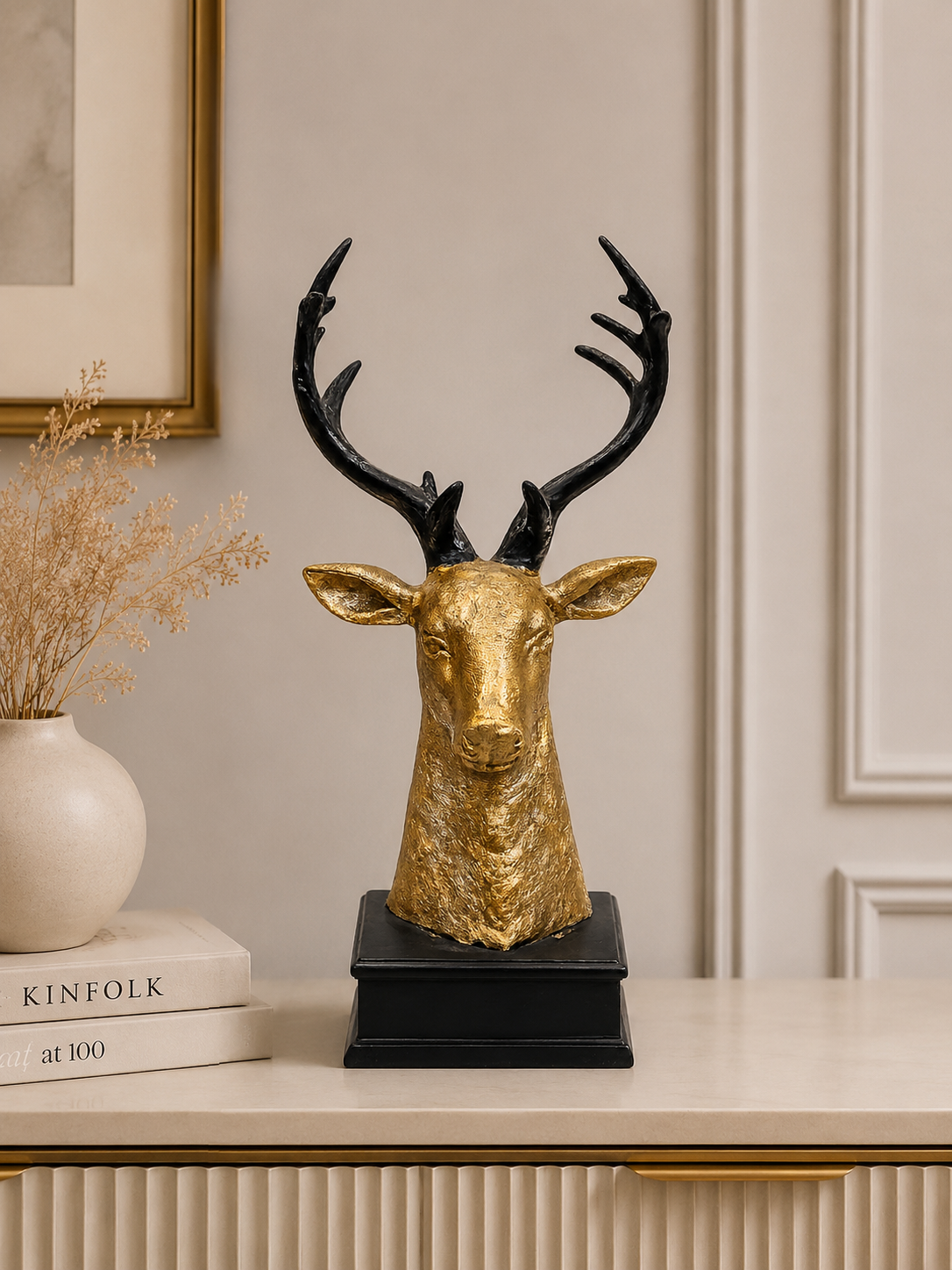 Luxury Deer Head Sculpture | Gold & Black Resin Stag Statue | Modern Tabletop Home Decor