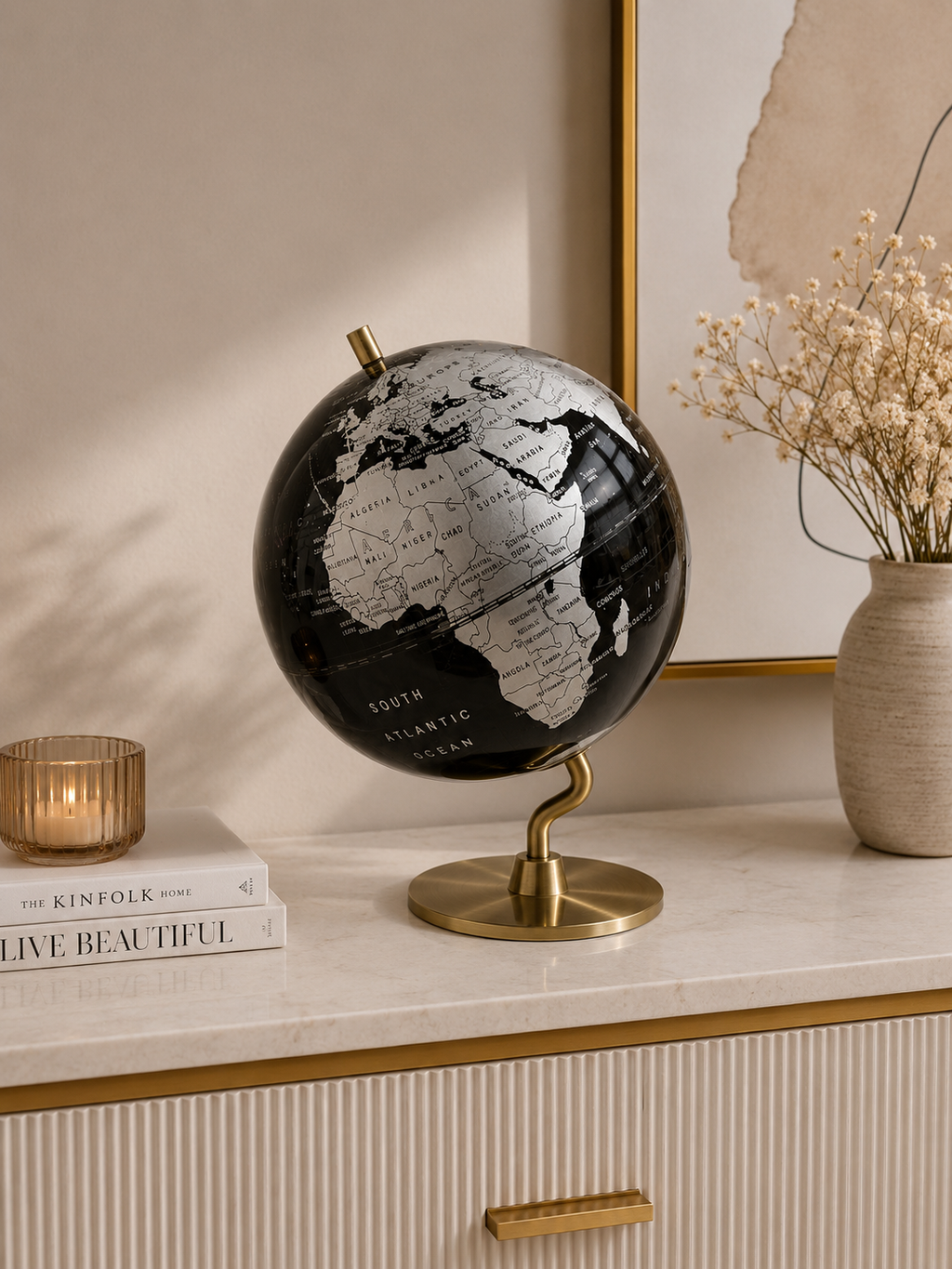 Premium Rotating World Globe with Elegant Gold Metal Stand | Black & Silver Decorative Globe for Office