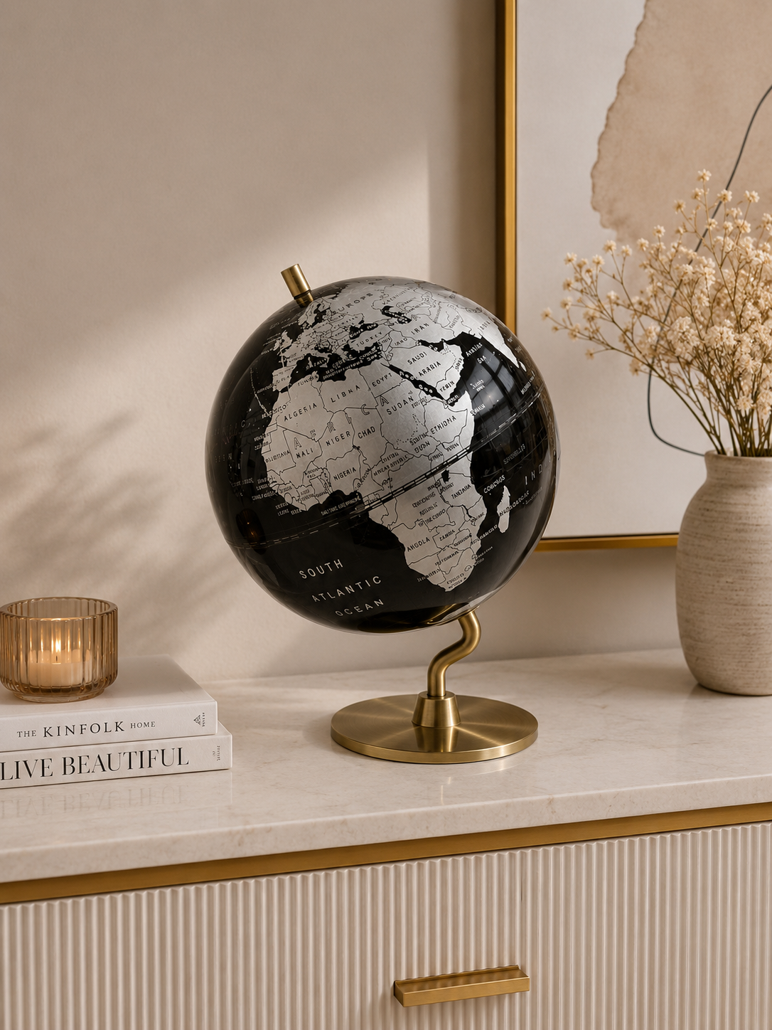 Premium Rotating World Globe with Elegant Gold Metal Stand | Black & Silver Decorative Globe for Office