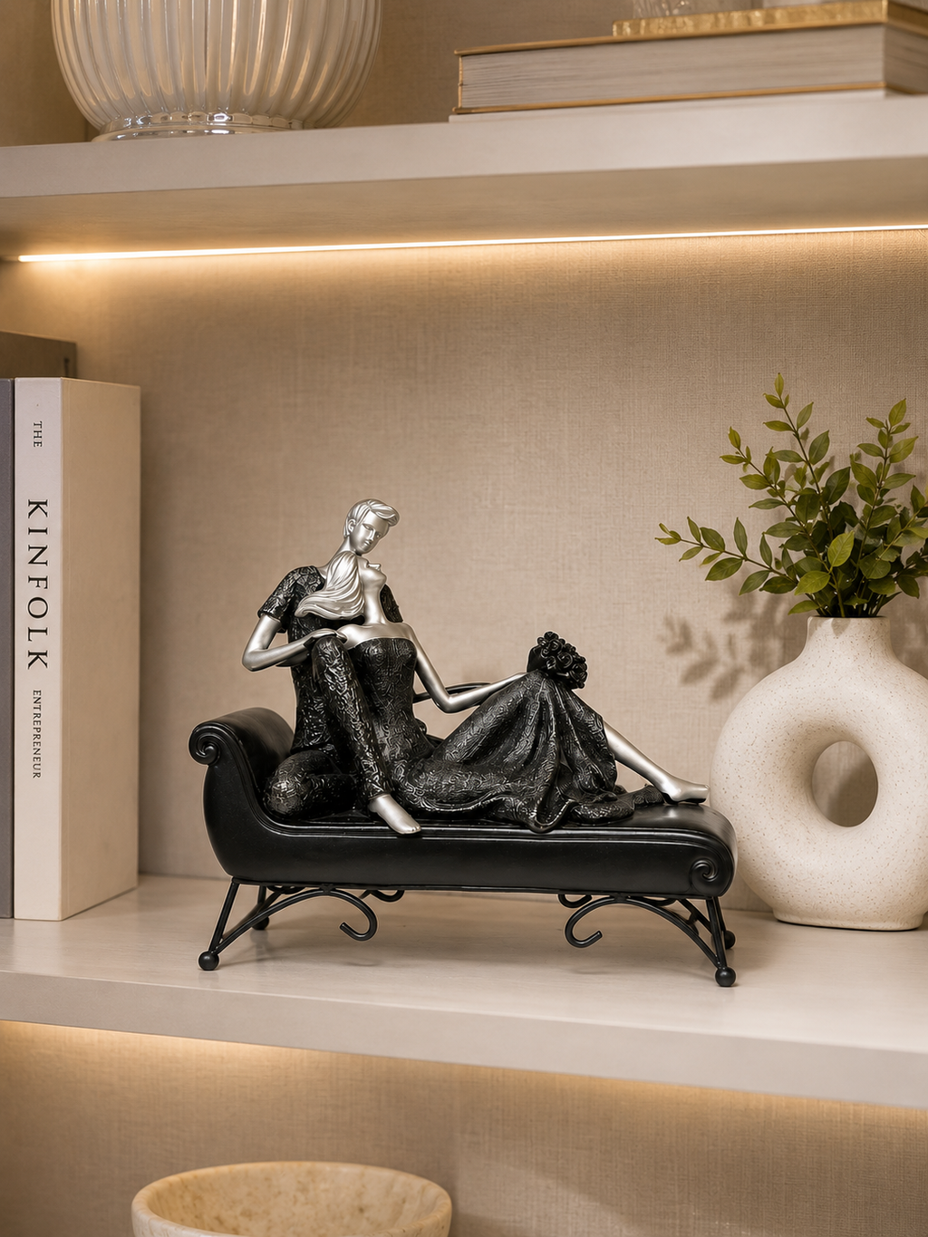 Elegant Romantic Couple on Chaise Lounge Decorative Sculpture – Modern Black & Silver Resin Figurine