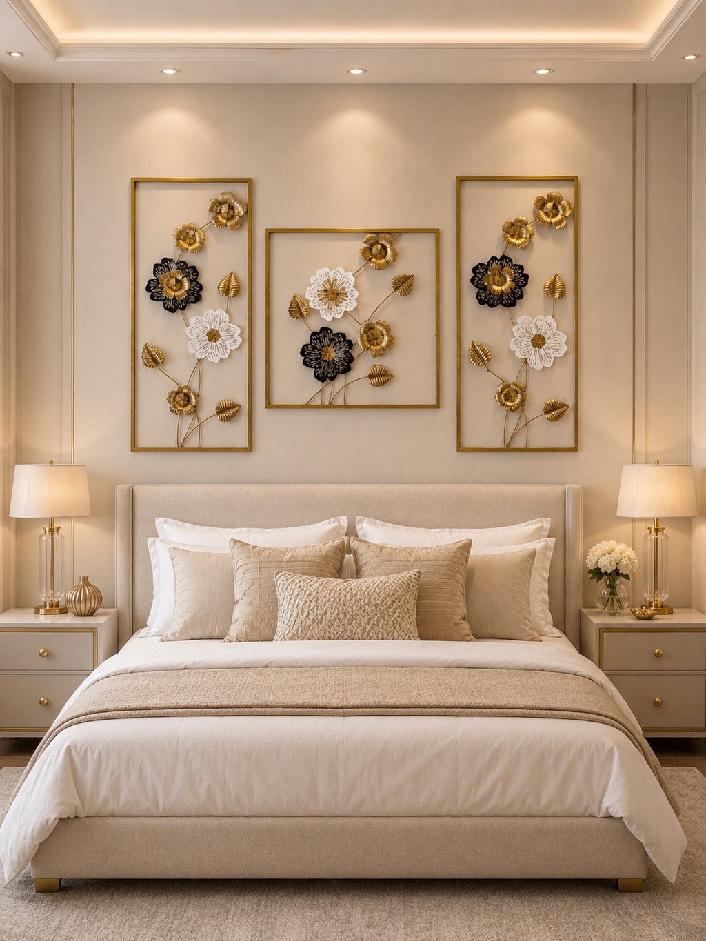 Luxury 3-Piece Metal Floral Wall Art Set | Modern Gold, Black & White Decorative Wall Hanging for Living Room & Bedroom