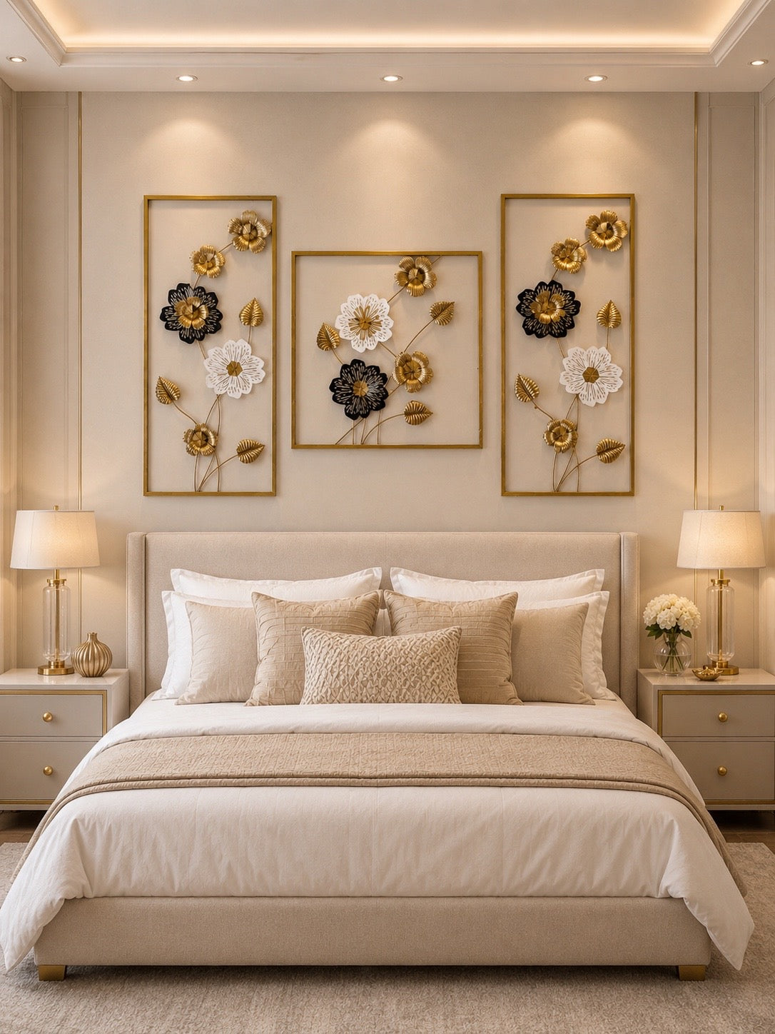Luxury 3-Piece Metal Floral Wall Art Set | Modern Gold, Black & White Decorative Wall Hanging for Living Room & Bedroom