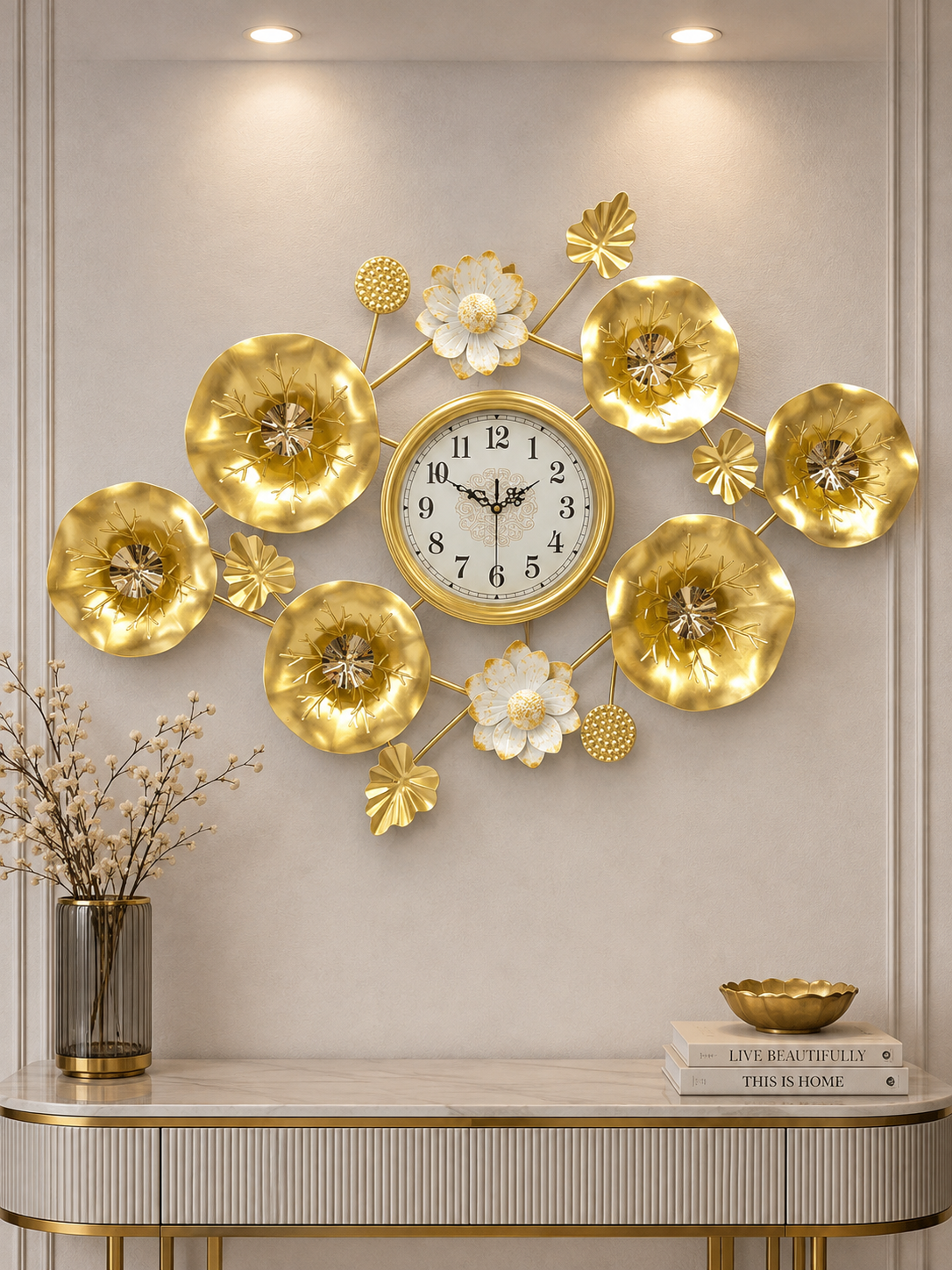 Luxury Golden Floral Wall Clock – Elegant Metallic Flower & Leaf Design