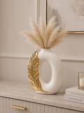 Luxury White & Gold Leaf Ceramic Decorative Vase – Modern Hollow Home Décor Accent