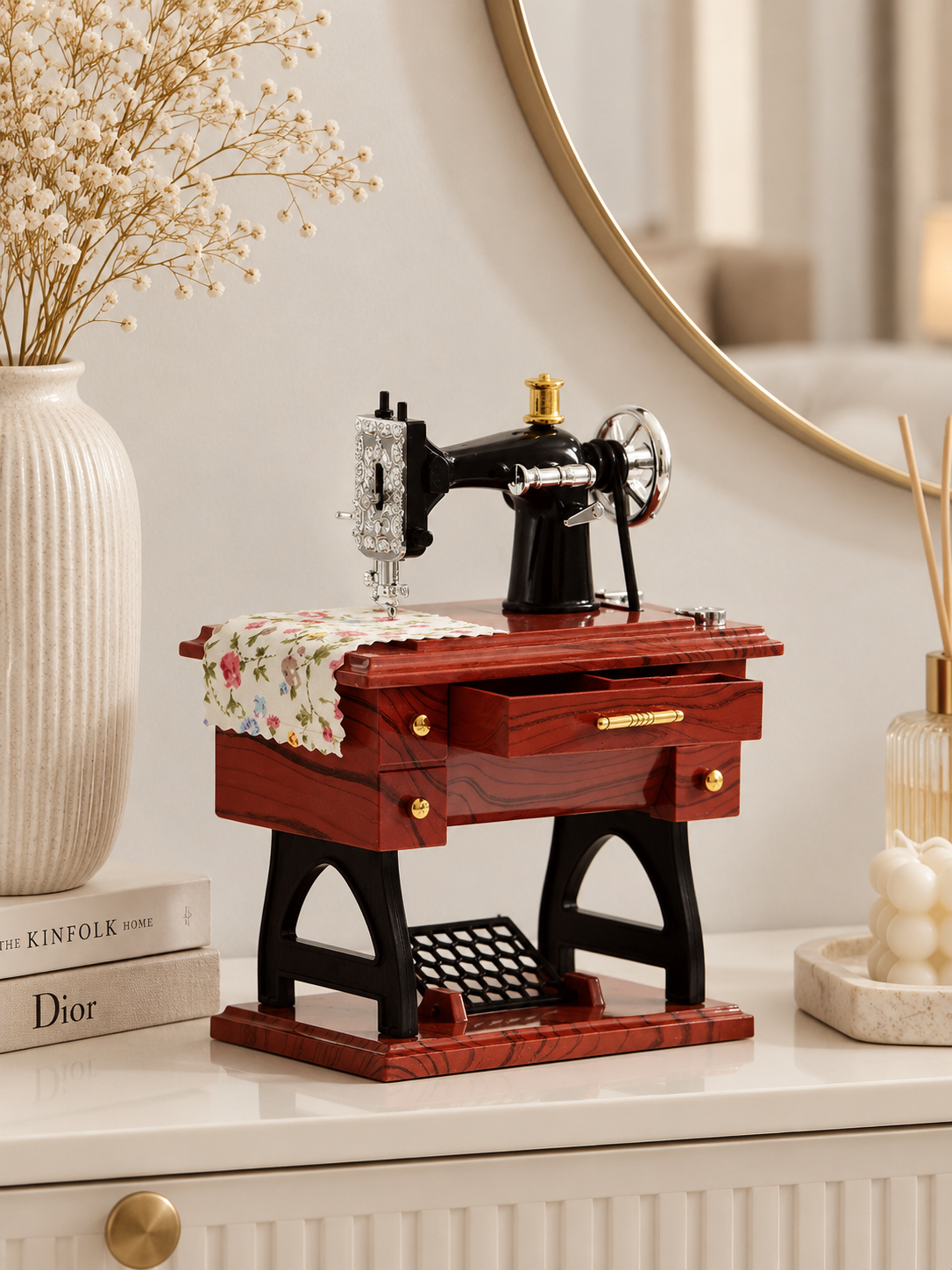 Vintage Sewing Machine Music Box | Retro Wooden Hand-Crank Musical Home Décor