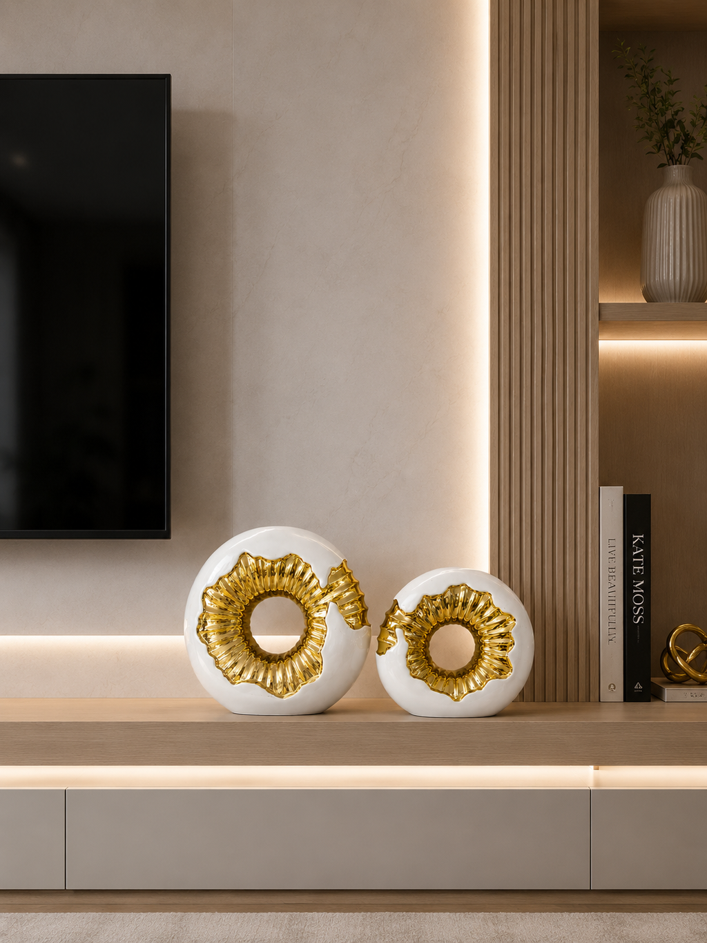 Luxury White & Gold Abstract Round Decorative Vase Set – 2 Pieces