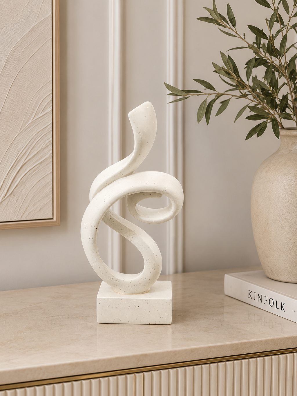 Modern Abstract White Spiral Sculpture – Minimalist Resin Table Decor