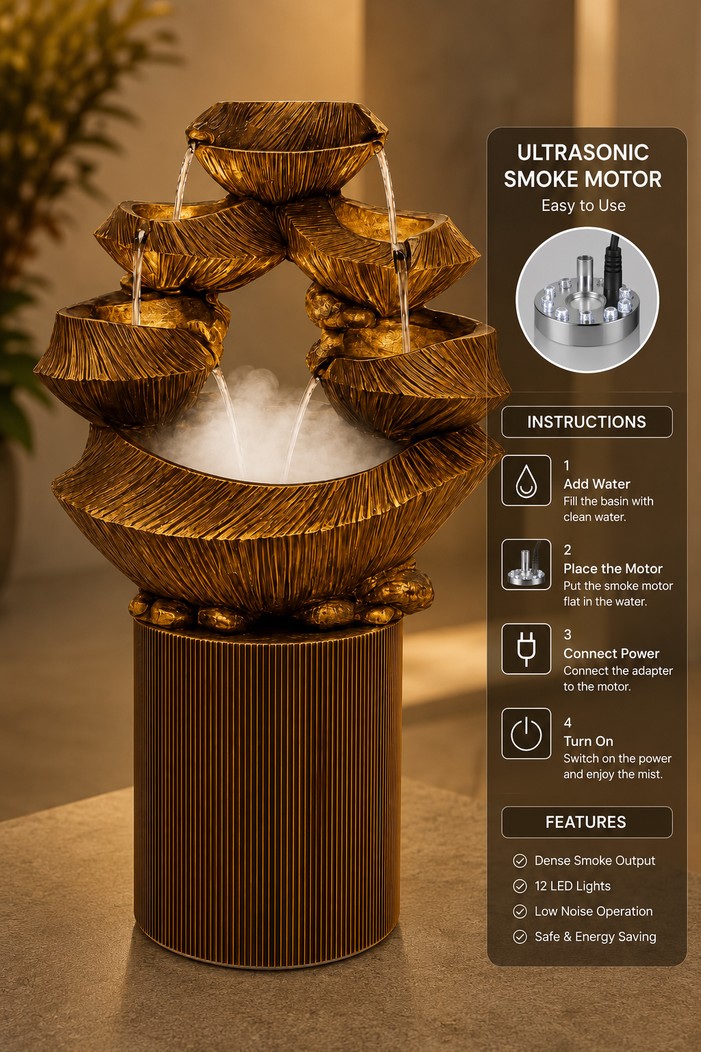 12 LED Ultrasonic Smoke Motor for Indoor Water Fountains | Mist Maker Fog Generator with Power Adapter