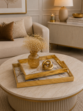 Luxury Gold Marble Serving Tray Set | Metal Decorative Coffee Table Trays | Nesting Vanity & Ottoman Organizer (Set of 2)