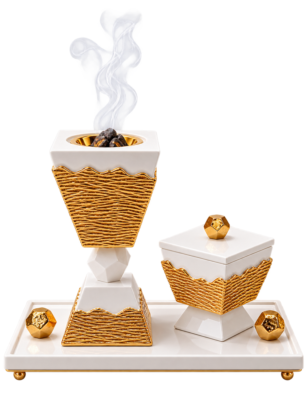 Luxury White & Gold Bukhoor Burner Set with Decorative Tray