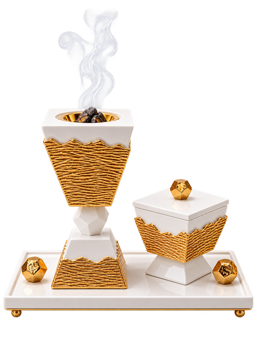 Luxury White & Gold Bukhoor Burner Set with Decorative Tray