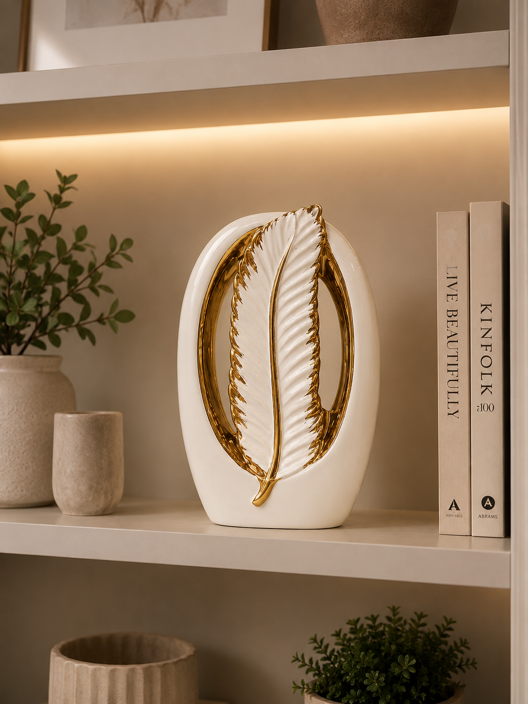 Luxury White & Gold Ceramic Leaf Sculpture – Modern Decorative Table Accent