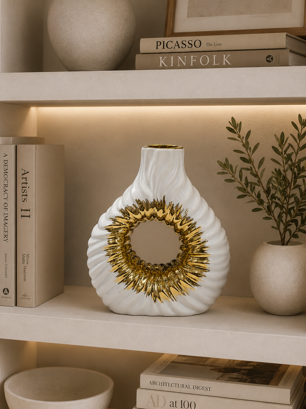 Luxury White & Gold Ceramic Donut Vase | Modern Decorative Flower Vase