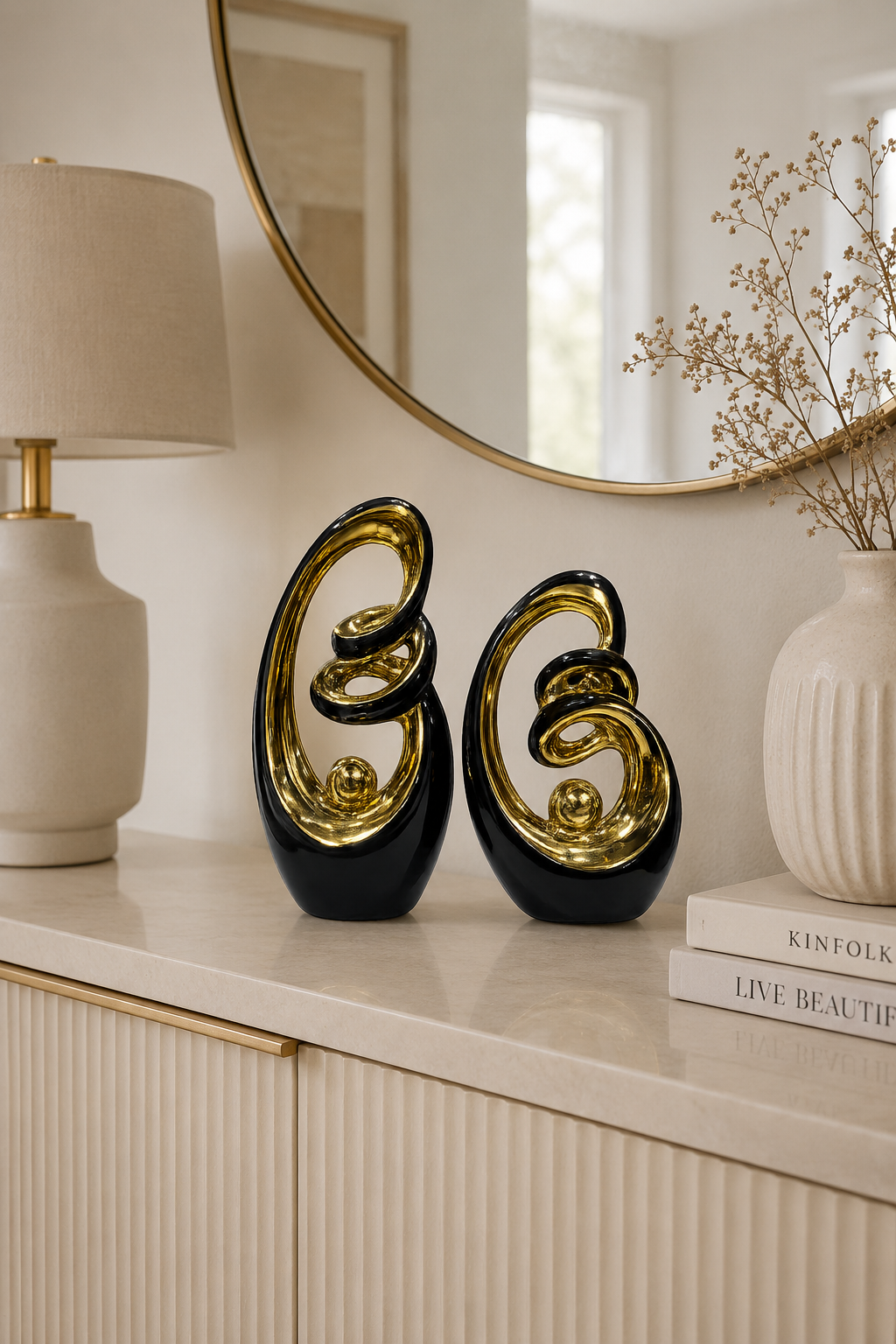 Modern Abstract Black & Gold Ceramic Sculpture Set – Luxury Decorative Showpieces for Home & Office (Set of 2)