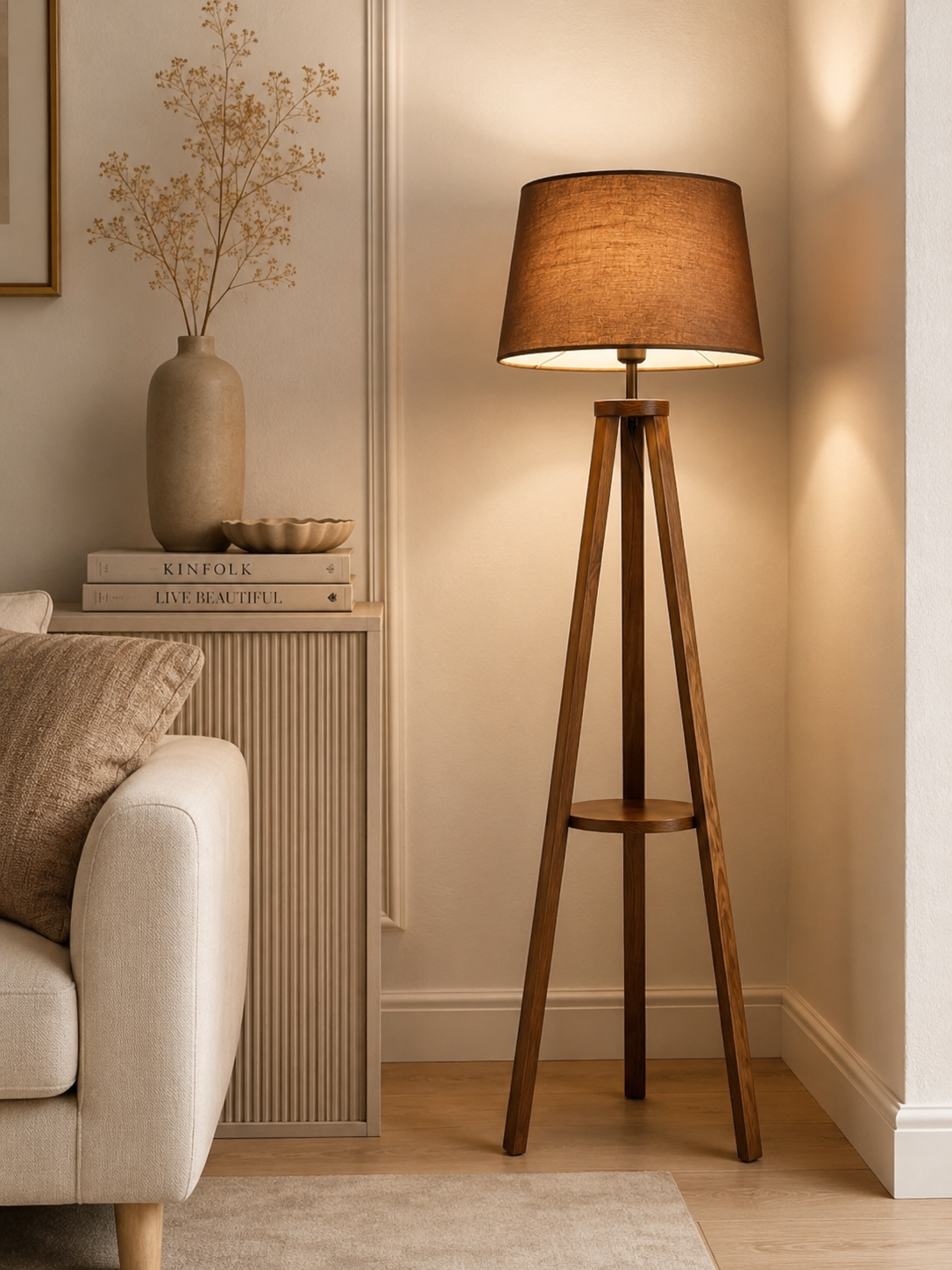 Modern Wooden Tripod Floor Lamp with Brown Fabric Shade | Contemporary Standing Lamp for Living Room & Bedroom