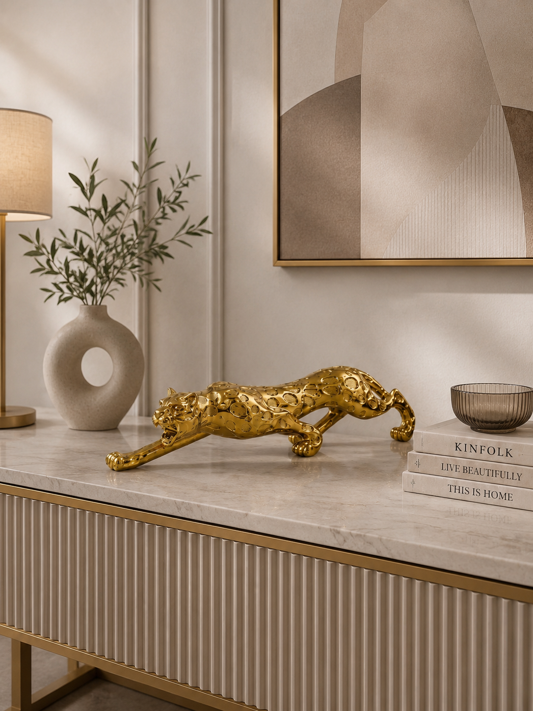 Luxury Golden Leopard Sculpture | Modern Resin Tabletop Animal Figurine | Home Décor Accent