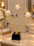 Luxury Crystal Lotus 3-Cup Candle Holder – Gold Floral Candle Stand with Black Crystal Base